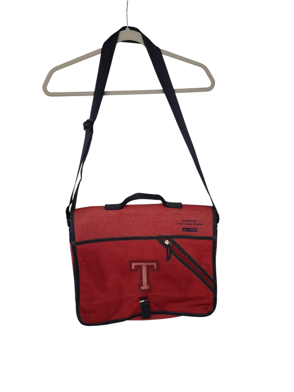 Vintage Tommy Hilfiger Red Denim Messenger Bag T Logo Plaid Lined Y2K